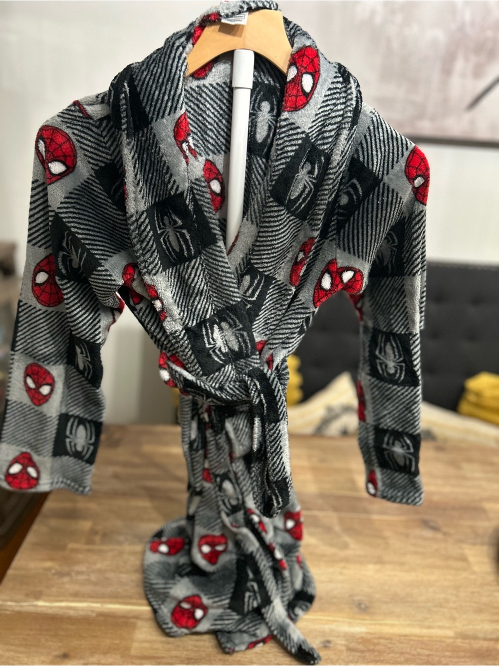 Kids Grey & Red Spider Themed Plush Robe - Cozy Pajama Cover-Up